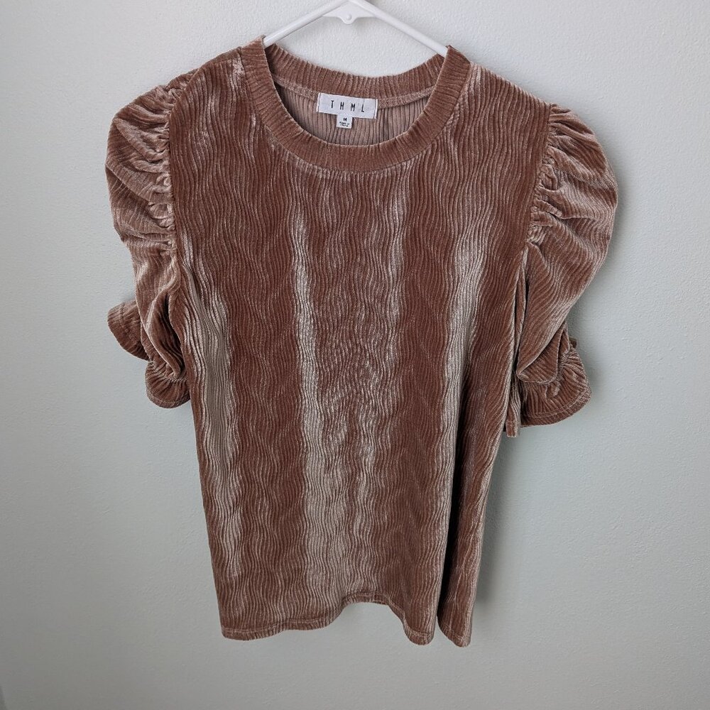 THML Women's Puffed Sleeve / Ruffled Arm Light Brown Velvet Top, Medium